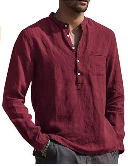 Men Four Seasons Leisure Long Sleeve Woven Flax Shirt