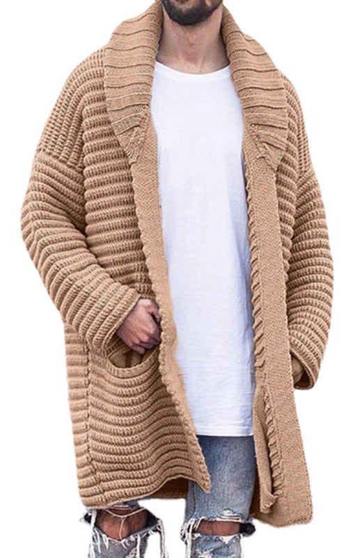 Men's Mid-Length Cardigan Lapel Long Sleeve Knitted Jacket