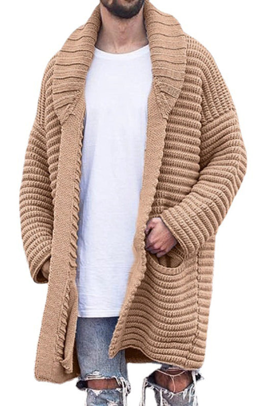 Men's Mid-Length Cardigan Lapel Long Sleeve Knitted Jacket