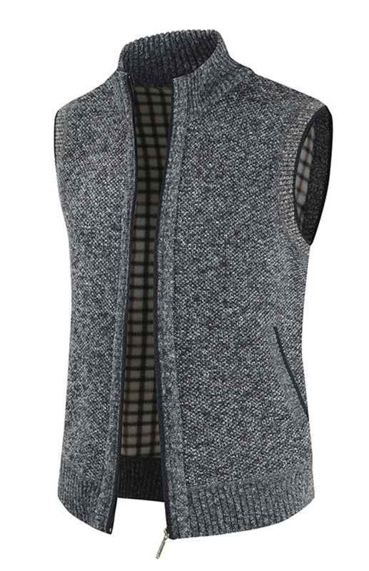 Men's Zip Vest Solid Color Stand Collar Sleeveless Knit Cardigan