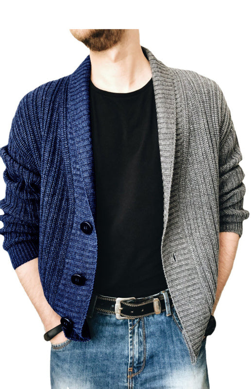 Men's Two Tone Patchwork Single Breasted Long Sleeve Sweater Cardigan