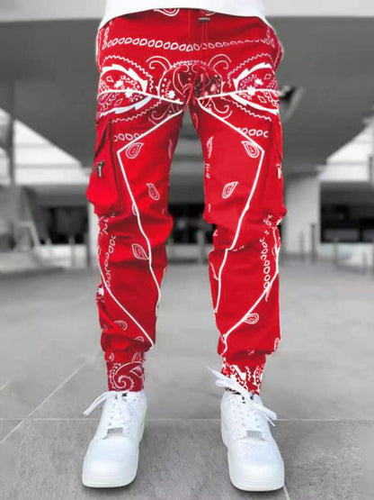 New printed cashew flower harem pants men's loose high street multi-pocket overalls