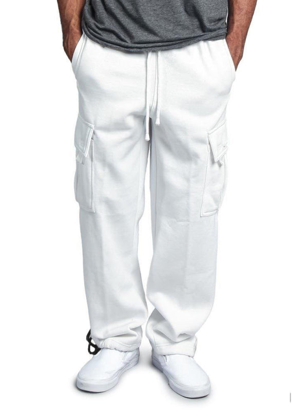 Men's Solid color elastic waist multi-pocket loose fit cargo pants