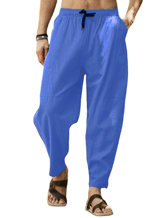 Men's casual loose cotton and linen drawstring hip-hop lantern pencil pants