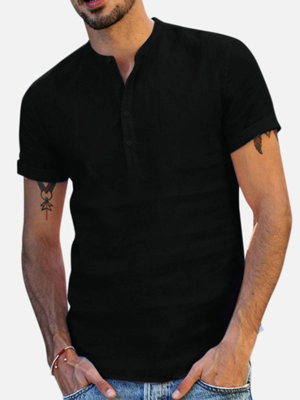 Men's Stand Collar Short Sleeve V Neck Cotton Linen Shirt