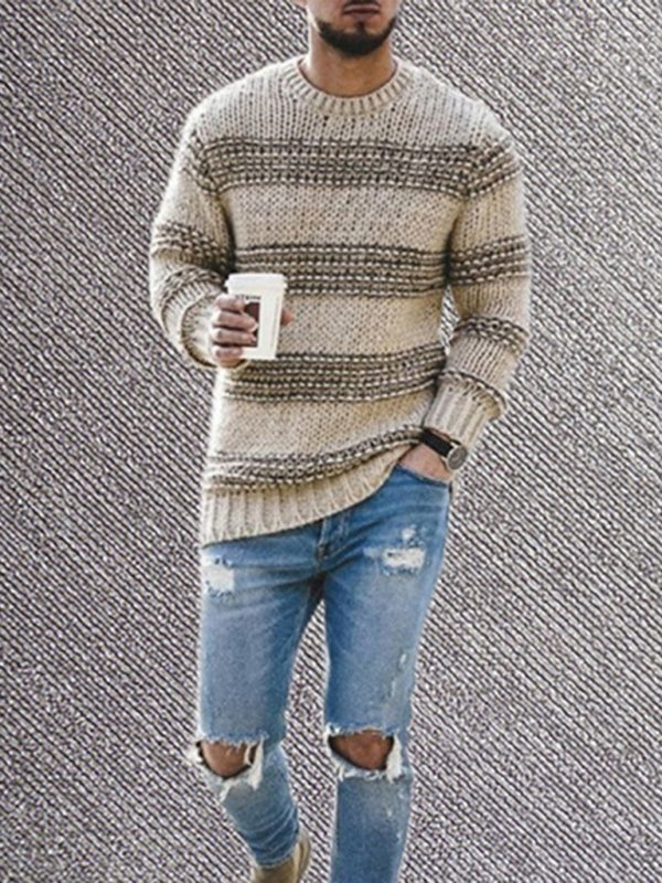 Men's fitted striped round neck long sleeve knitted sweater