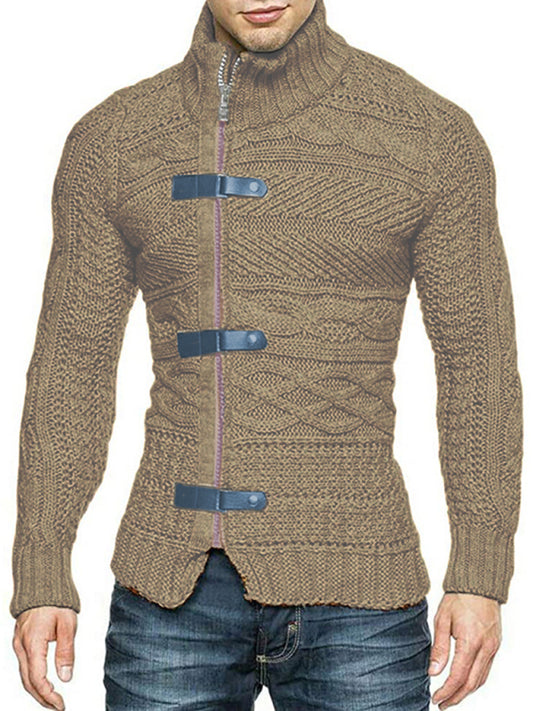 Men's Leather Button Long Sleeve Knitted Cardigan Jacket