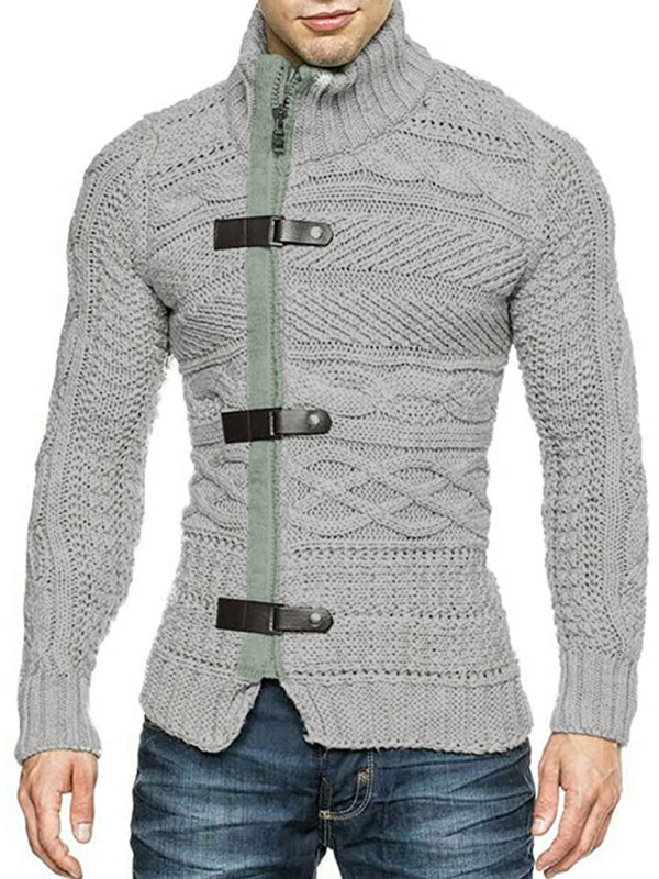 Men's Leather Button Long Sleeve Knitted Cardigan Jacket