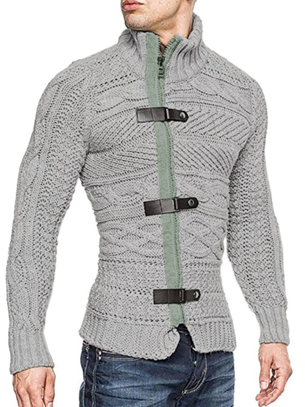 Men's Leather Button Long Sleeve Knitted Cardigan Jacket