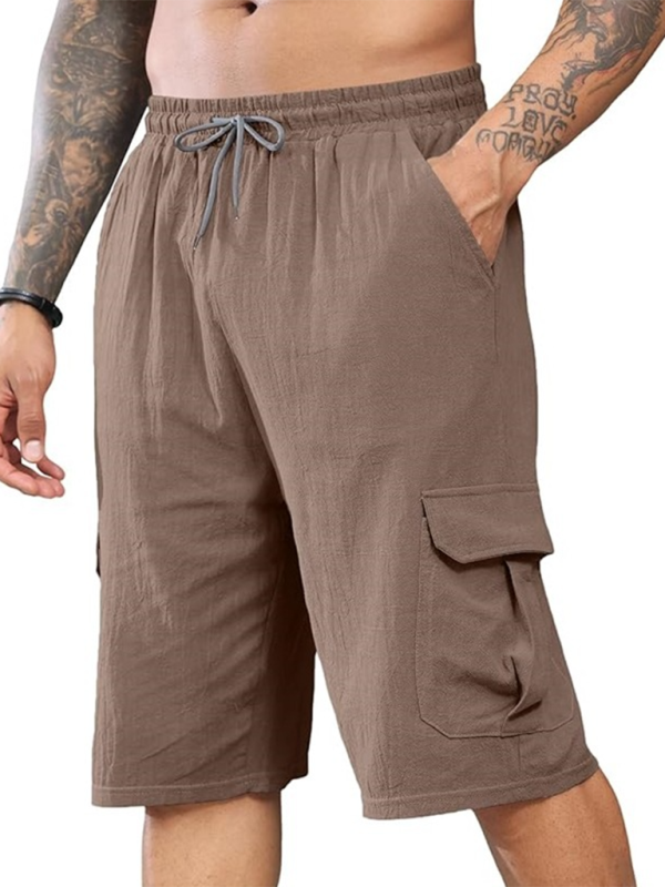 New Linen Shorts Multi-Pocket Drawstring Men's Beach Overalls